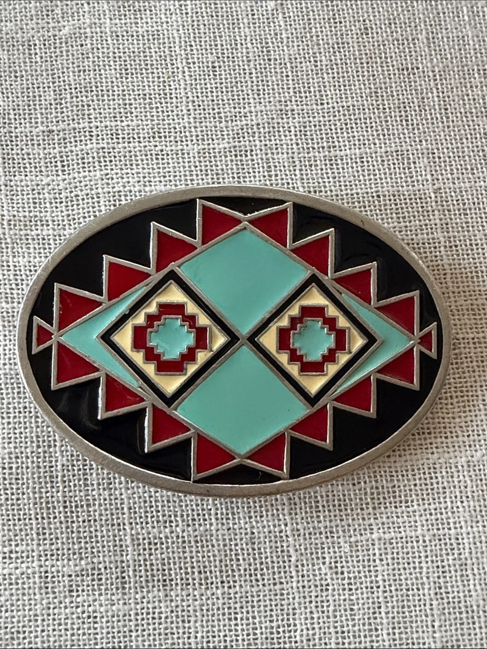 Vintage Gap 1993 made in the usa Turquoise and Red Geometric Enamel Belt Buckle